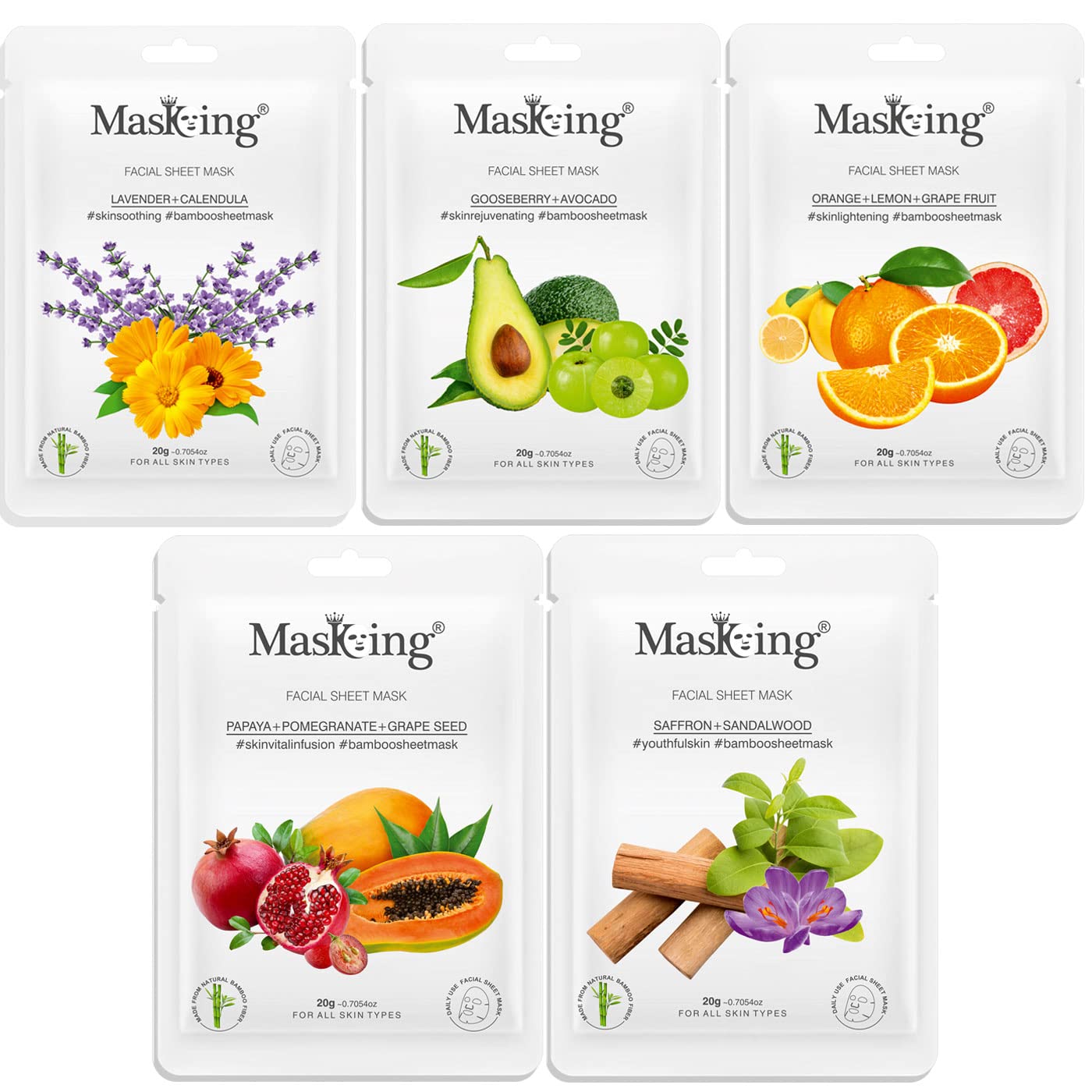 MasKing Bamboo Facial Sheet Mask of Lavender, Gooseberry, Orange, Papaya & Neem Ideal for Women & Men, 100ml (Combo Pack of 5)