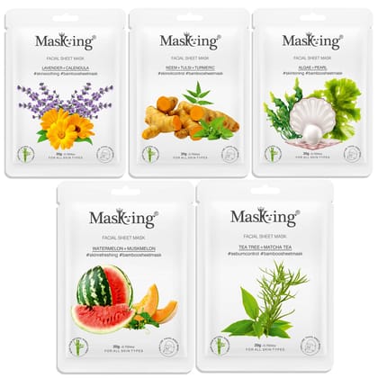 MasKing Bamboo Facial Sheet Mask of Lavender, Saffron, Algae, Watermelon & Tea Tree Ideal for Women & Men, 100ml (Combo Pack of 5)