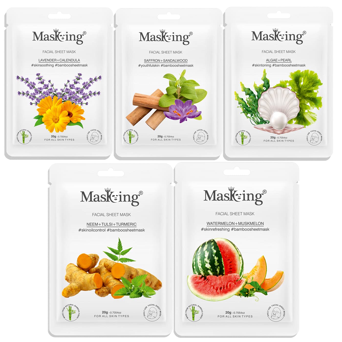 MasKing Bamboo Facial Sheet Mask of Lavender, Neem, Saffron, Algae & Watermelon Ideal for Women & Men, 100ml (Combo Pack of 5)