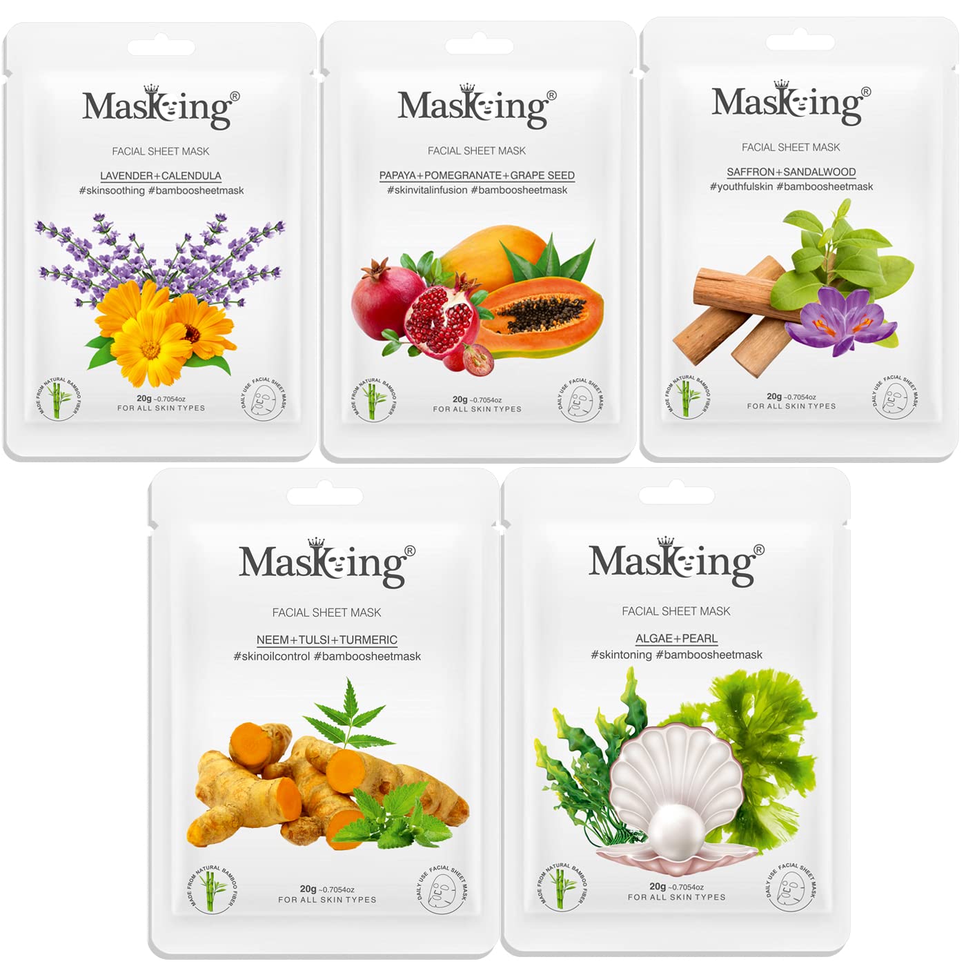 MasKing Bamboo Facial Sheet Mask of Lavender, Papaya, Neem, Saffron & Algae Ideal for Women & Men, 100ml (Combo Pack of 5)