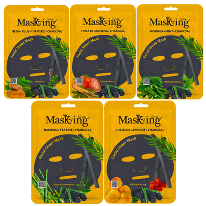 Masking Diva Charcoal Facial Sheet Mask Combo| Natural Charcoal Sheet Mask |Face sheet Mask for Women, Men Combo Pack of 05 (100ml/g)