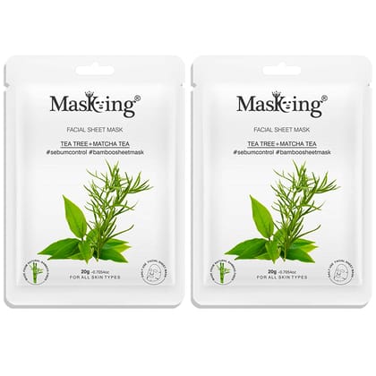 MasKing Bamboo Facial Sheet Mask of Tea Tree & Matcha Tea for Sebum Control Ideal for Women & Men, 20ml each (Pack of 2)