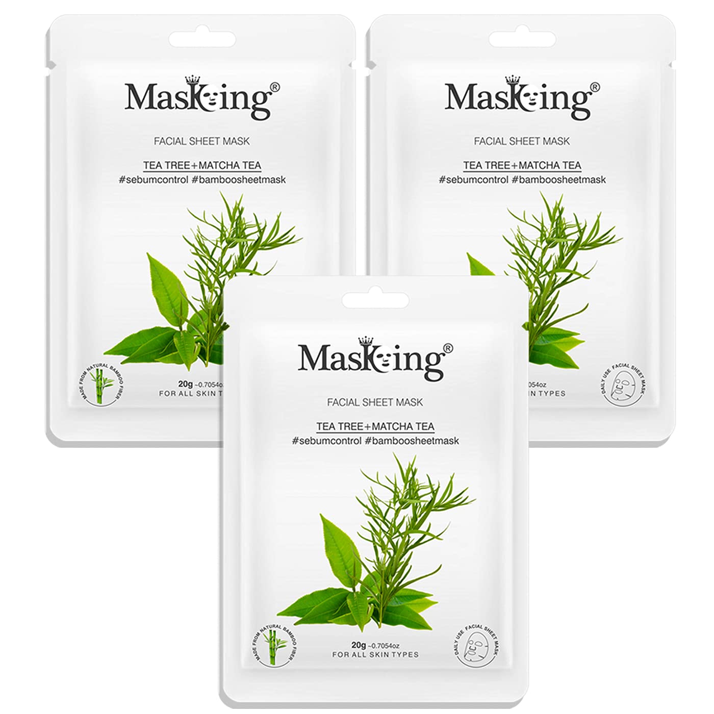 MasKing Bamboo Facial Sheet Mask of Tea Tree & Matcha Tea for Sebum Control Ideal for Women & Men, 20ml each (Pack of 3)