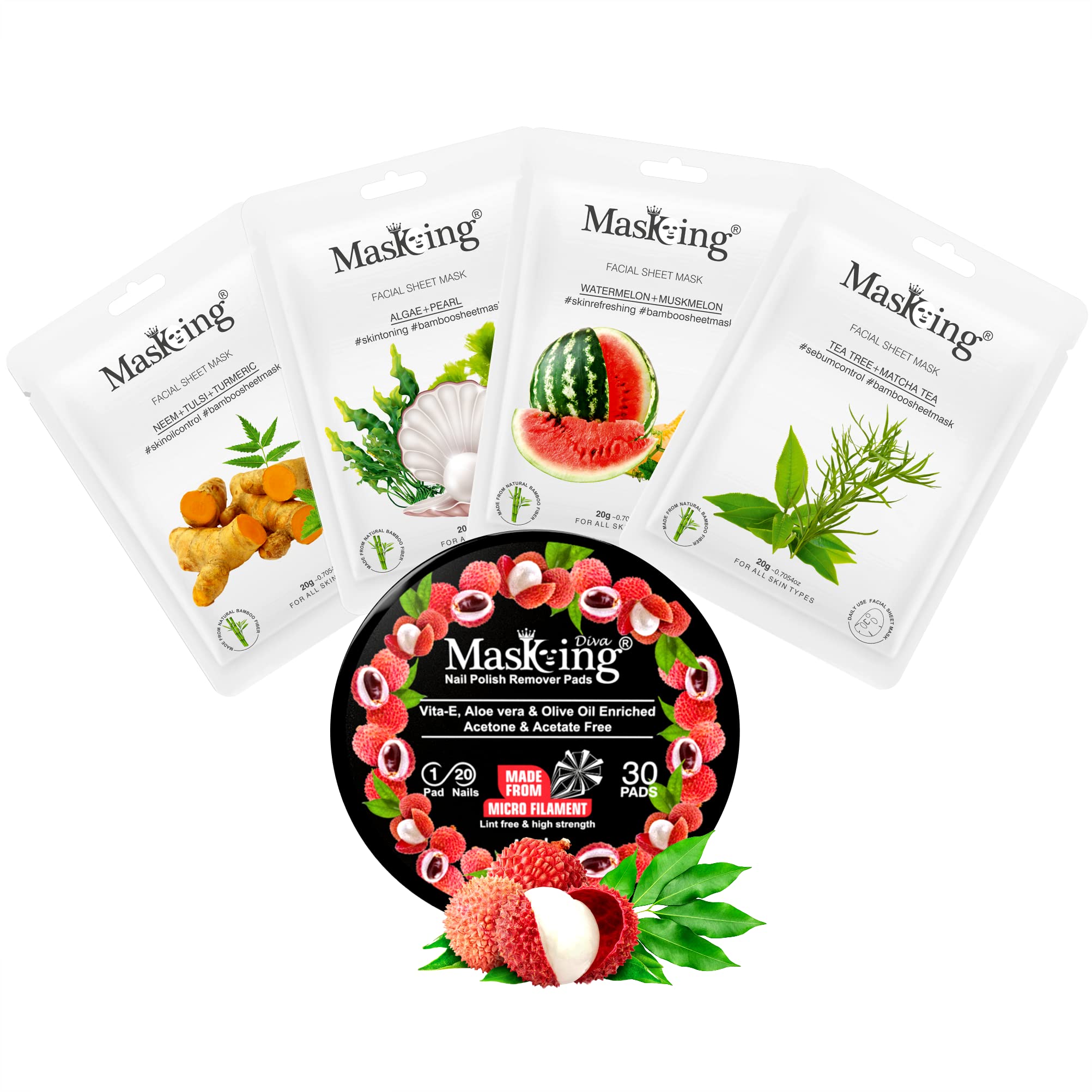 MasKing Bamboo Facial Sheet Mask For Neem, Algae, Watermelon & Tea Tree Ideal For Women & Men (Combo Pack of 4) | Diva Litchi Nail Polish Remover 30 Round Pads (Pack of 1)