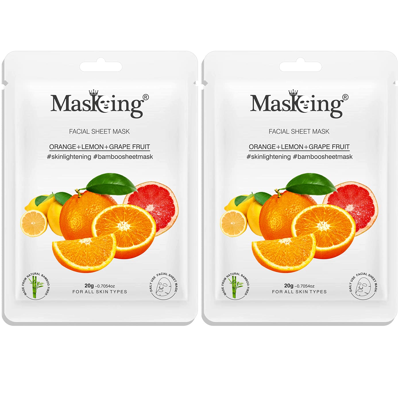 MasKing Bamboo Facial Sheet Mask of Orange, Lemon & Grapefruit for Skin Lightening Ideal for Women & Men, 20ml each (Pack of 2)