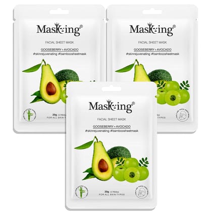 MasKing Bamboo Facial Sheet Mask of Gooseberry & Avocado for Skin Rejuvenating Ideal for Women & Men, 20ml each (Pack of 3)