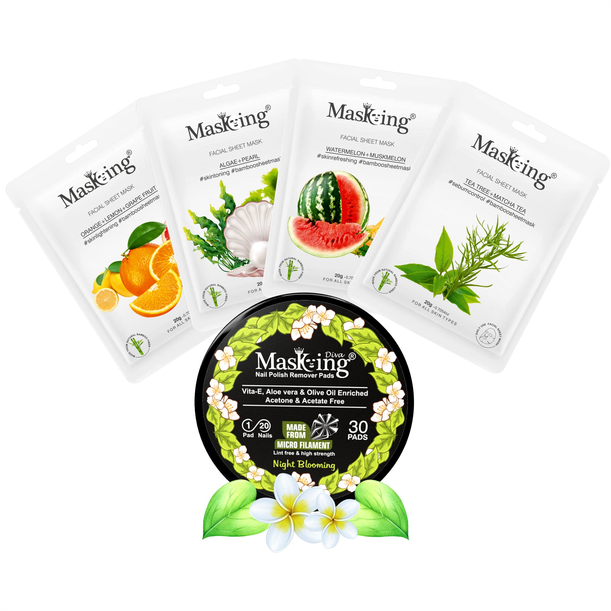 MasKing Bamboo Facial Sheet Mask For Orange, Algae, Watermelon & Tea Tree Ideal For Women & Men (Combo Pack of 4) | Diva Night Blooming Nail Polish Remover 30 Round Pads (Pack of 1)