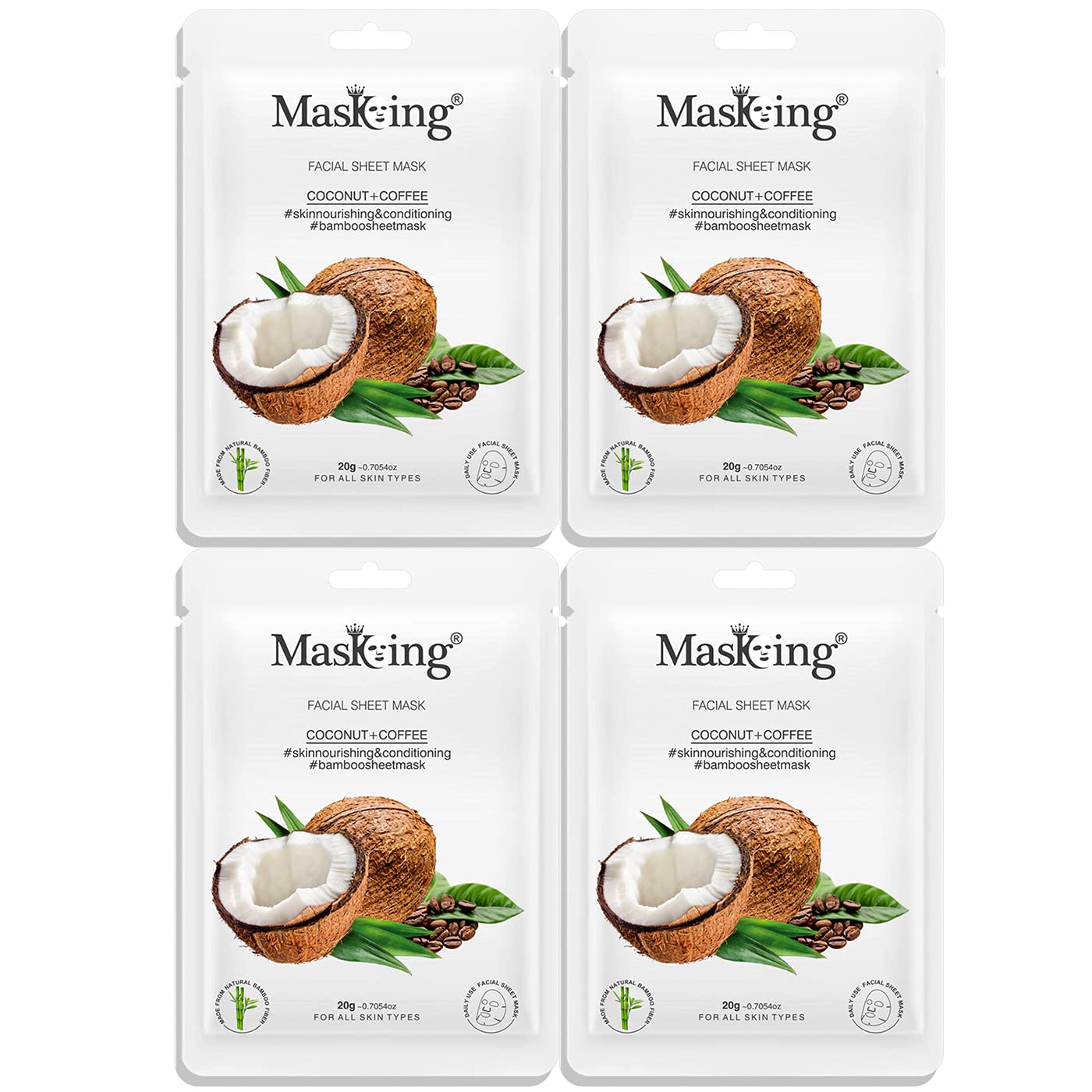 MasKing Bamboo Facial Sheet Mask of Coconut & Coffee for Skin Nourishing & Conditioning Ideal for Women & Men, 20ml each (Pack of 4)