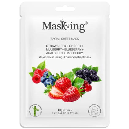 MasKing Bamboo Facial Sheet Mask of Strawberry, Cherry, Mulberry, Blueberry, Acai Berry & Raspberry for Skin Moisturizing Ideal for Women & Men 20ml, (Pack of 1)