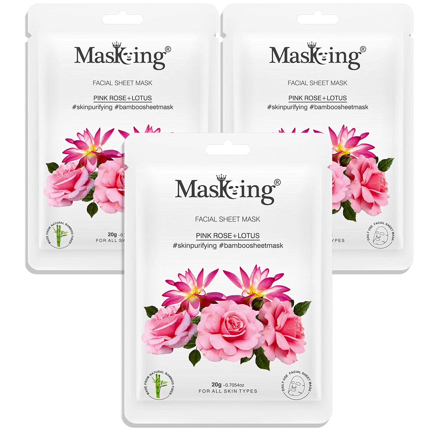 MasKing Bamboo Facial Sheet Mask of Pink Rose & Lotus for Skin Purifying Ideal for Women & Men, 20ml each (Pack of 3)