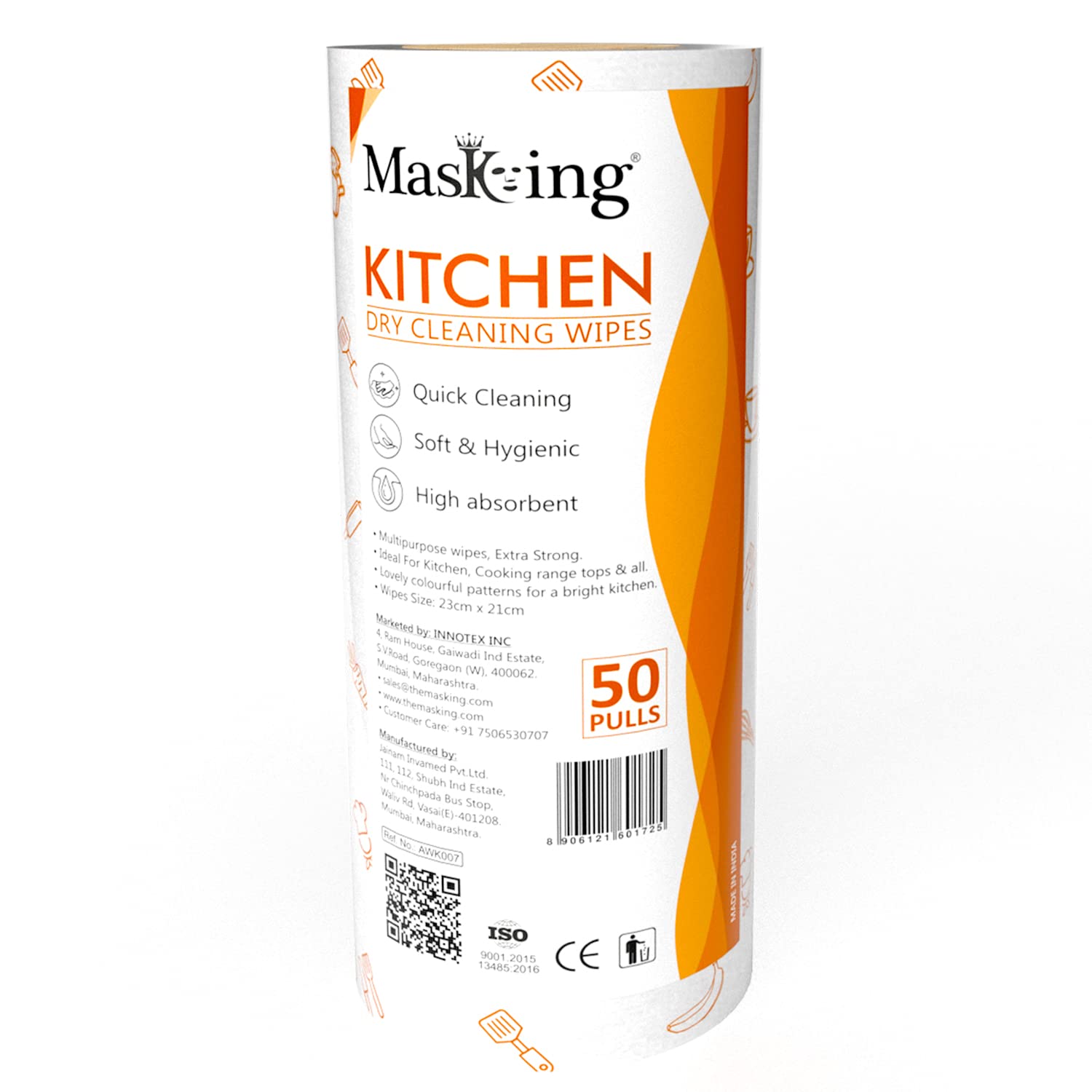 MASKING DRY KITCHEN ROLL ? Dry Kitchen Tissue, Towel Paper Roll, Dry Cleaning Wipe -1 Rolls (50 Pulls Per Roll) in Orange