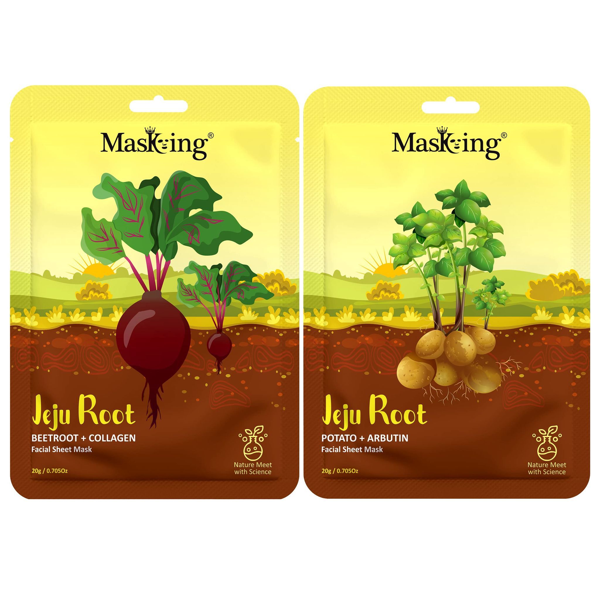 Masking fairness and glowing Jeju Root skin friendly Facial Sheet mask with natural root extract,Beetroot,Potato, 20Ml each, pack of 2