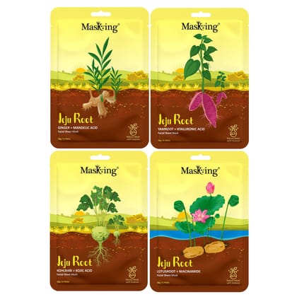 Masking fairness and glowing Jeju Root skin friendly Facial Sheet mask with natural root extract,Ginger,Yamroot,Kohlrabi,Lotus, pack of 4