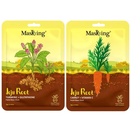 Masking fairness and glowing Jeju Root skin friendly Facial Sheet mask with natural root extract,Turmeric,Carrot,20Ml each pack of 2