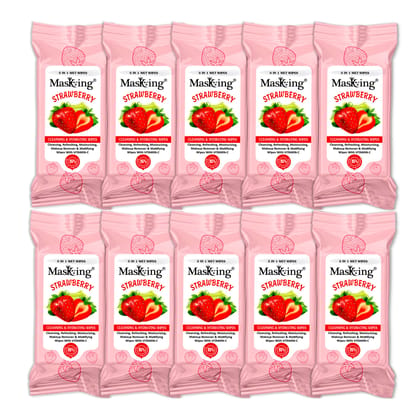 Masking Cleansing and Hydrating Mini Wet Wipes for Face, Makeup Removal Skin Moisturising, Travel friendly Wipes for women and man Combo of Strawberry Pack 10 (80 Wipe)