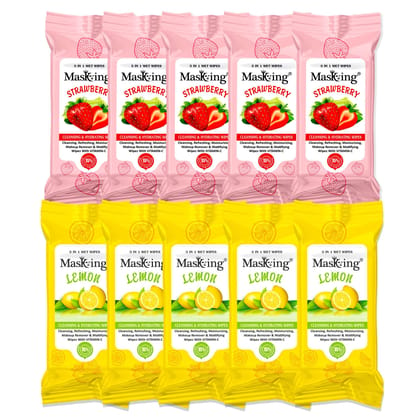 MasKing Lemon & Strawberry Mini Wet Wipes Pack for Cleansing, Refreshing, Makeup Remover, pack of 10 (80 Wipes)