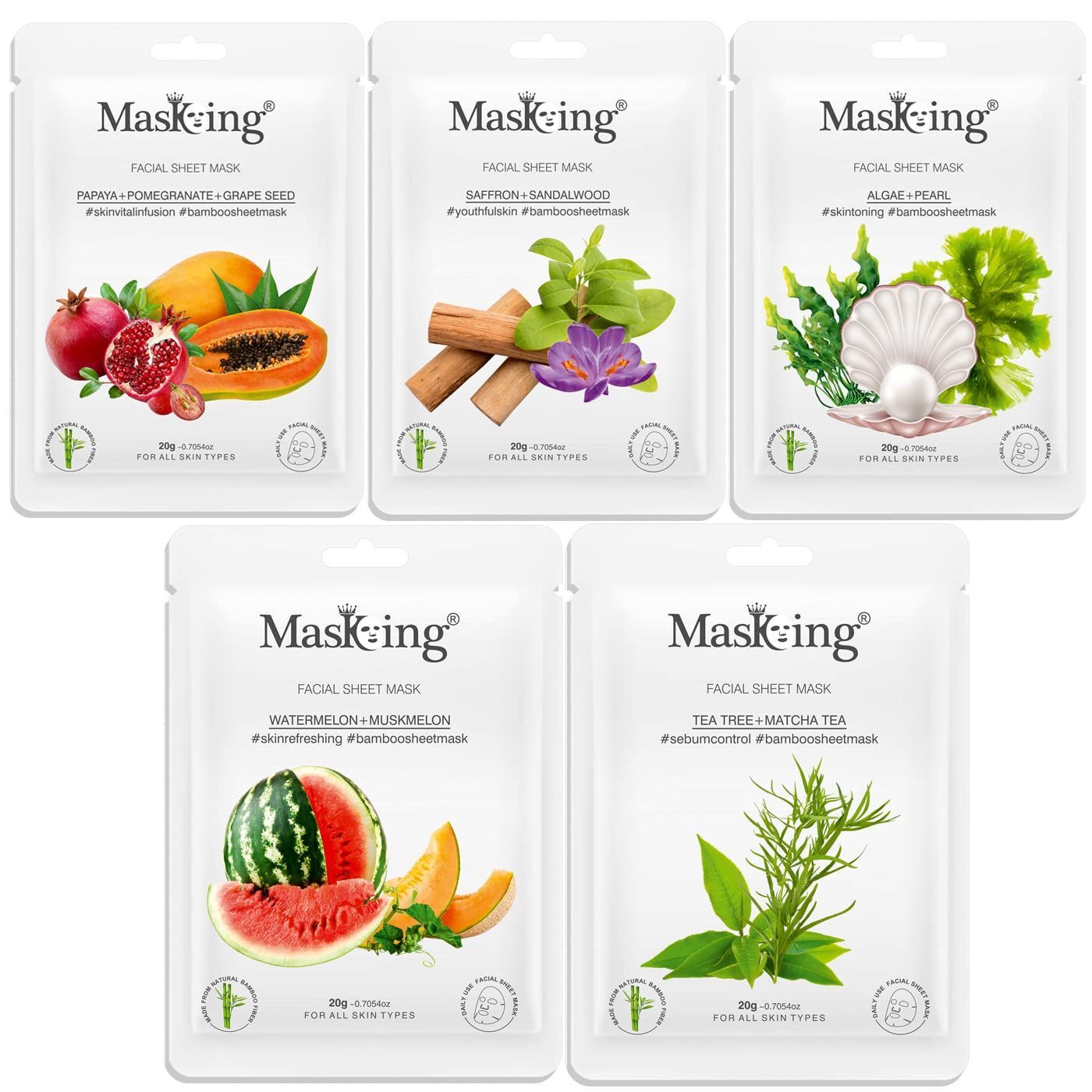 MasKing Bamboo Facial Sheet Mask of Papaya, Saffron, Algae, Watermelon & Tea Tree Ideal for Women & Men, 100ml (Combo Pack of 5)