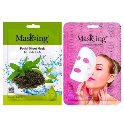 Masking Green Tea and glow Facial sheet mask for Glowing skin and hydrating, ideal for men and women pack of 2