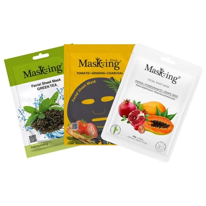 MasKing Beauty Facial Sheet Mask, 20g|Natural Bamboo Fiber Sheet Mask, 20g|Charcoal Sheet Mask, 25g|Green Tea, Papaya, Tomato & Ginseng|For Skin Hydrating, Brightening, Skin Renewal|Combo Pack of 3