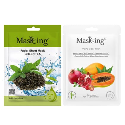 MasKing Beauty Facial Sheet Mask of Green Tea (20g) & Bamboo Facial Sheet Mask of Papaya, Pomegranate & Grape Seed (20g) Ideal for Women & Men (Combo Pack of 2)