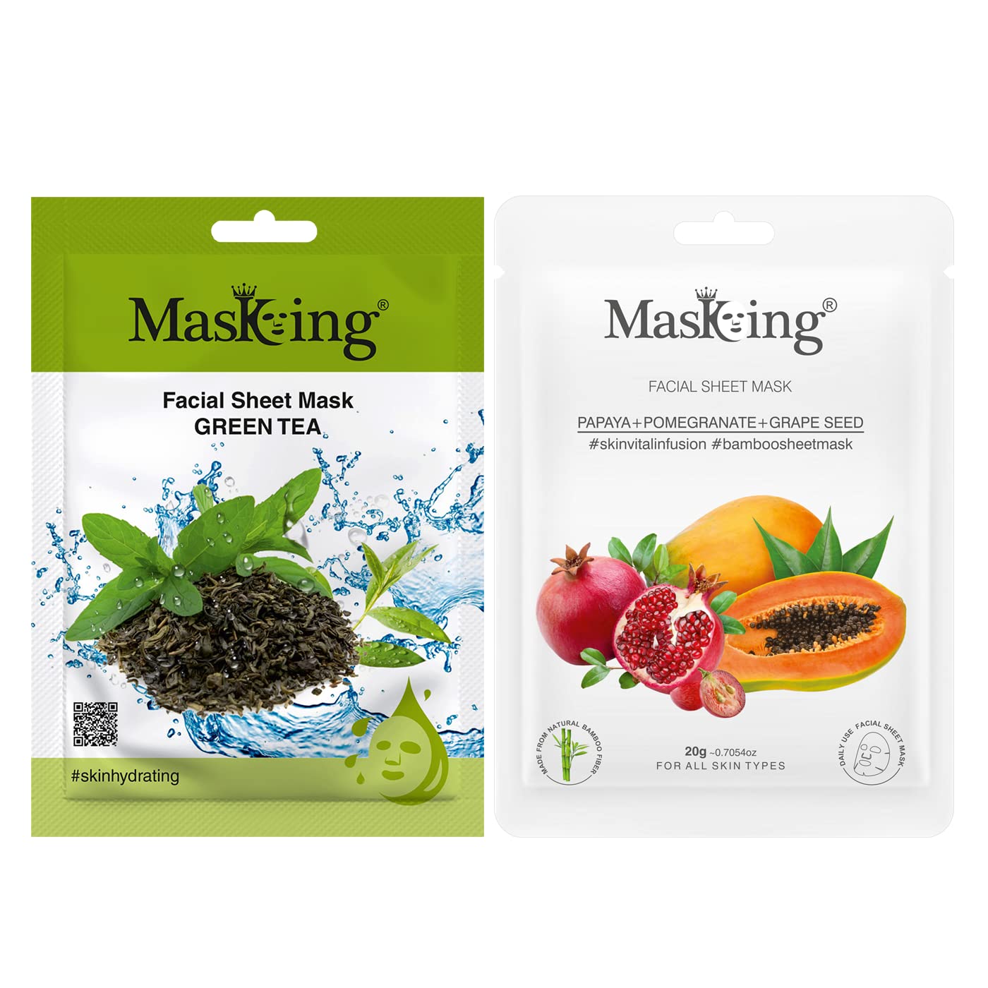 MasKing Beauty Facial Sheet Mask of Green Tea (20g) & Bamboo Facial Sheet Mask of Papaya, Pomegranate & Grape Seed (20g) Ideal for Women & Men (Combo Pack of 2)