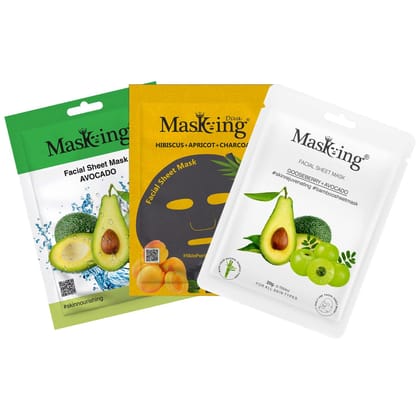 MasKing Beauty Facial Sheet Mask, |Natural Bamboo Fiber Sheet Mask, |Charcoal Sheet Mask, |Avocado, Gooseberry, Hibiscus & Apricot|For Skin Nourishing & glowing |Combo Pack of 3