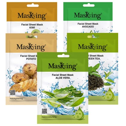 MasKing Beauty Facial Sheet Mask with Real Extract of Kiwi, Avocado, Potato, Green Tea & Aloe Vera for Skin Lightening, Nourishing, Glowing, Hydrating & Moisturising for Women & Men 100ml (Combo Of 5)