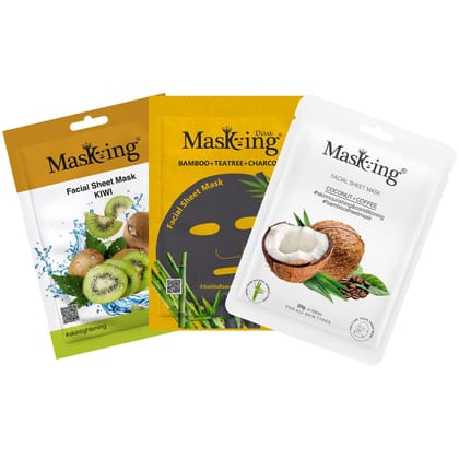 MasKing Beauty Facial Sheet Mask, |Natural Bamboo Fiber Sheet Mask, |Charcoal Sheet Mask, |Kiwi, Coconut, Bamboo & Teatree|For Skin Lightening & glowing | Combo Pack of 3