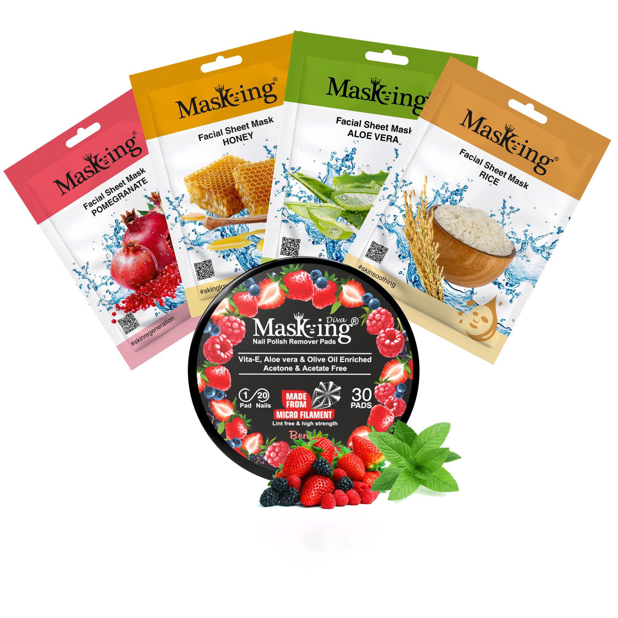 MasKing Beauty Facial Sheet Mask Pomegranate, Honey, Aloe Vera & Rice Ideal for Women & Men (Combo Pack of 4) | Berries Nail Polish Remover