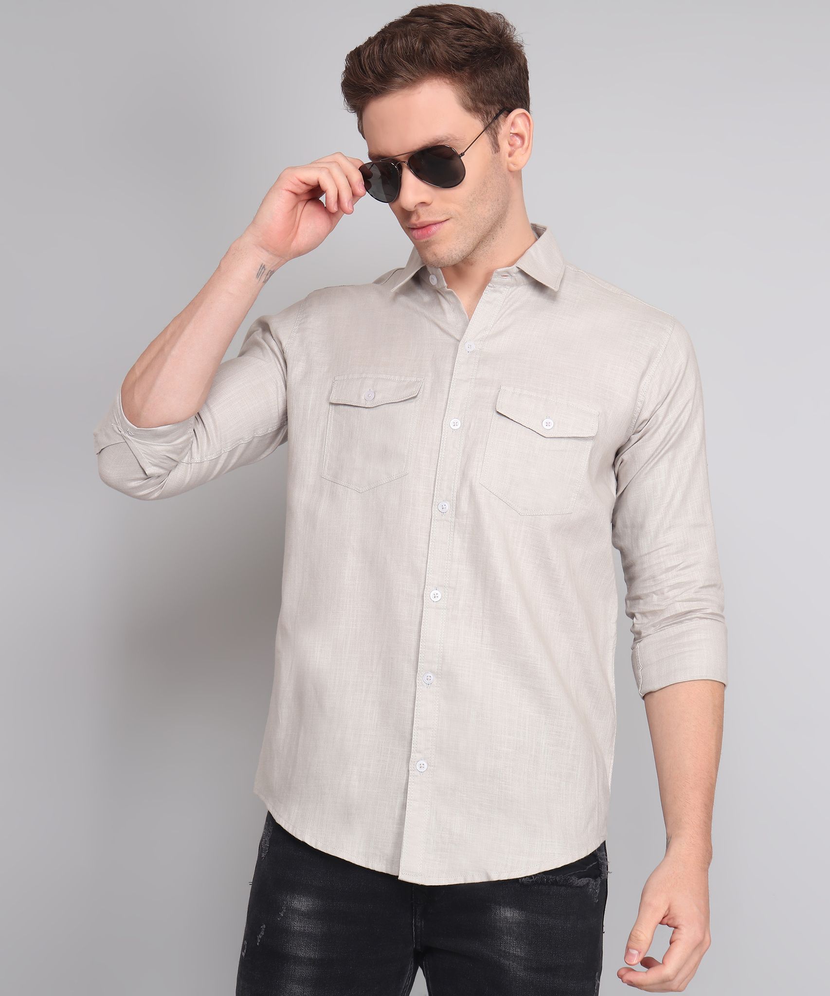 Grey Solid Double Pocket Men's Shirt