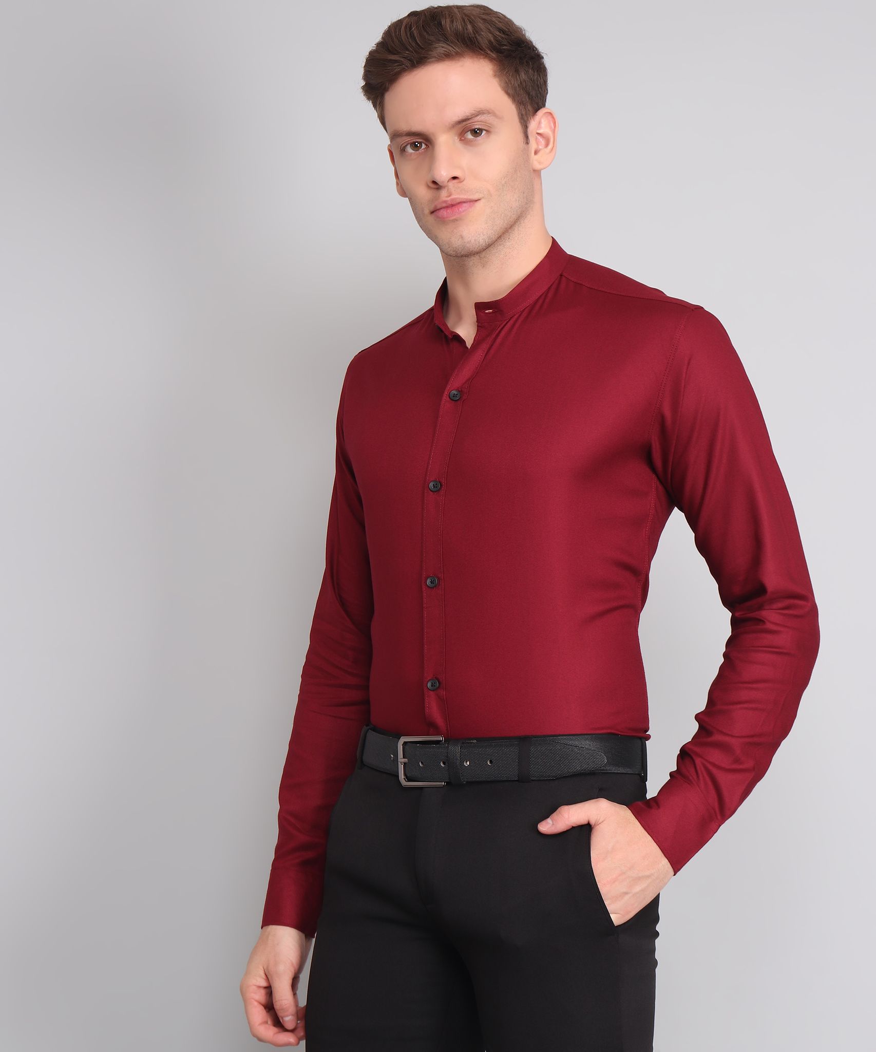 Mandarin Collar Maroon Men's Shirt