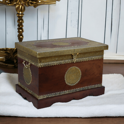 Homdecor Products Brass Fitting Trunk Wooden Hand Carved Beautiful Designs  Wooden Box Chest Wooden Sanduk Brass Inlaid Set 1
