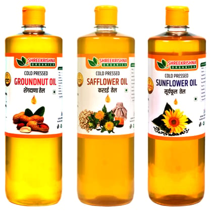 Shreekrishna Cold / Wood Pressed Organic Groundnut,Sunflower,Safflower Oil 1 Litre (Pack Of 3)