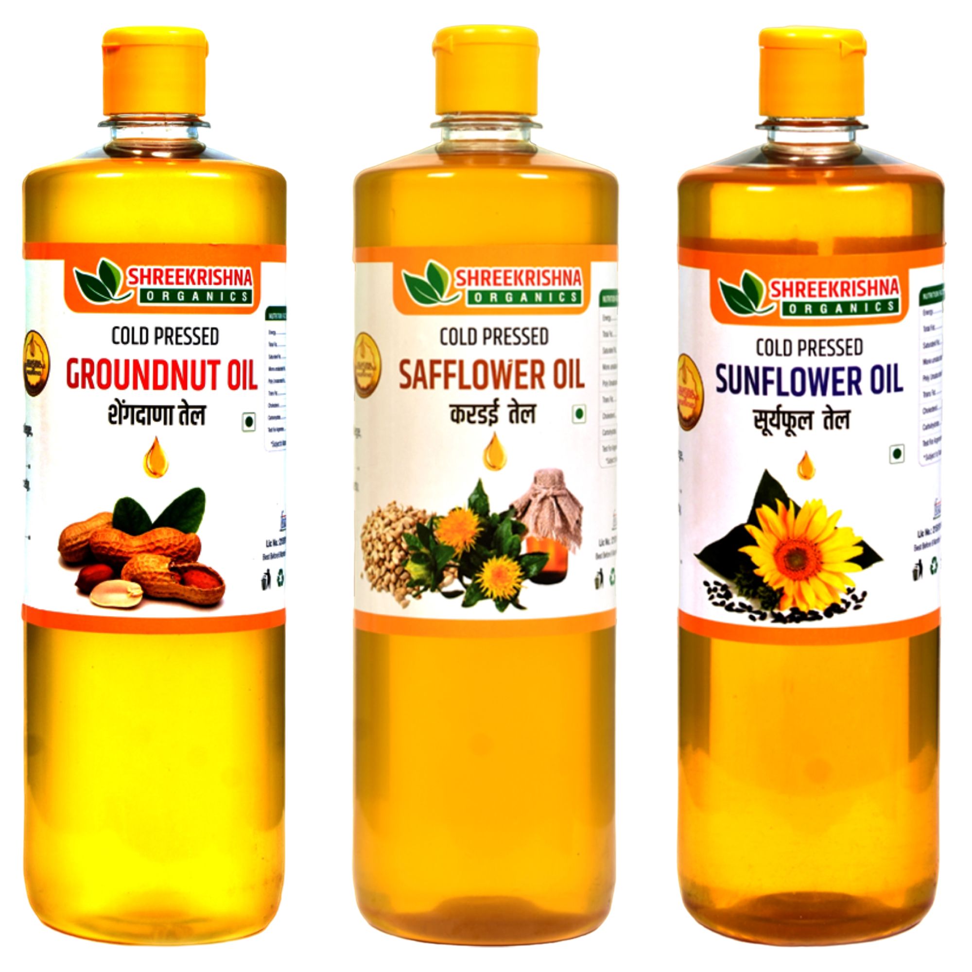 Shreekrishna Cold / Wood Pressed Organic Groundnut,Sunflower,Safflower Oil 1 Litre (Pack Of 3)