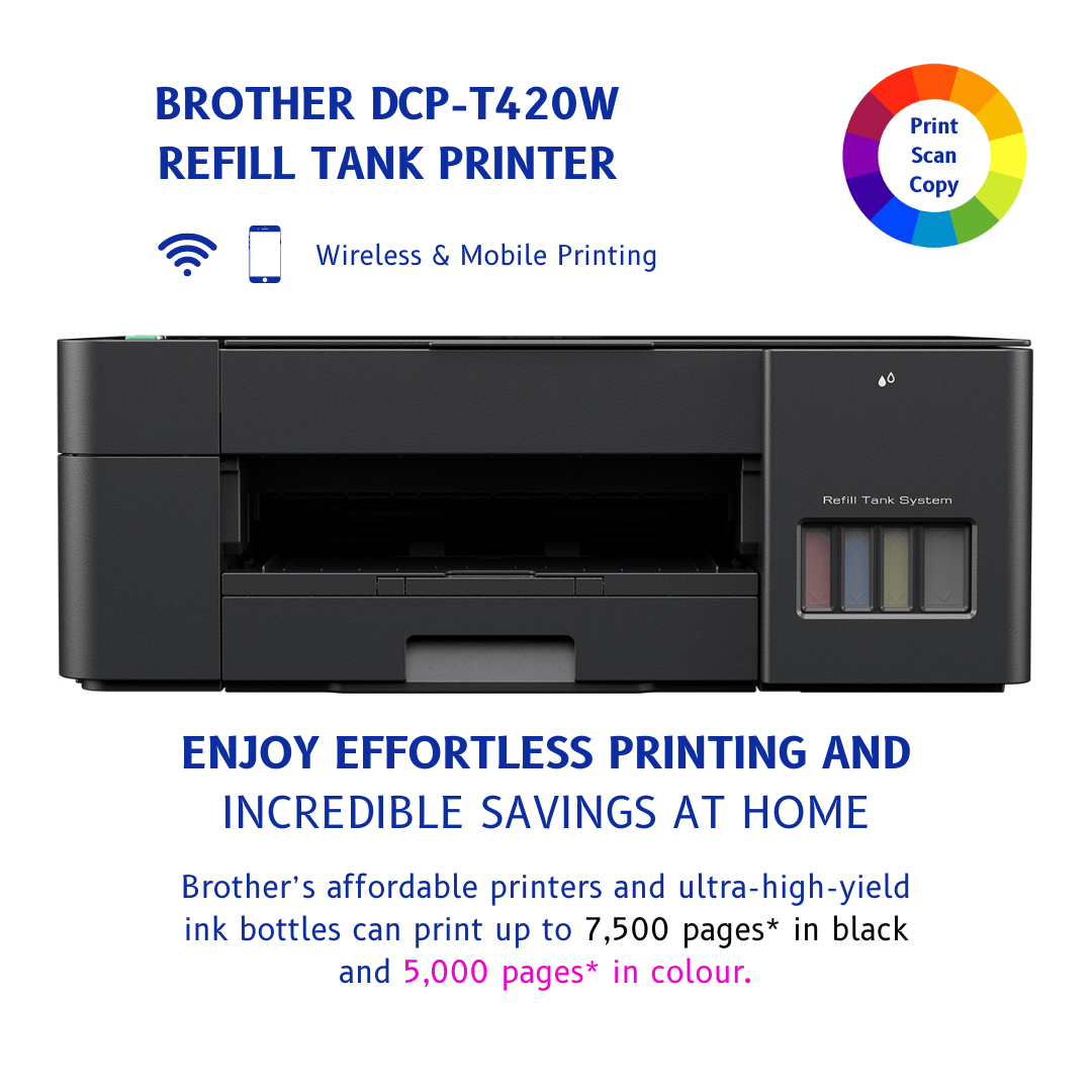 Brother DCP-T420W Refill Tank Printer: Multi-functional Print Scan Copy, Wireless & Mobile Printing | Super Low-Cost Printing (7500 Black/5000 Colour pages) | Vibrant 1200 x 6000 dpi Colors, Fast 28 ppm mono/11 ppm color