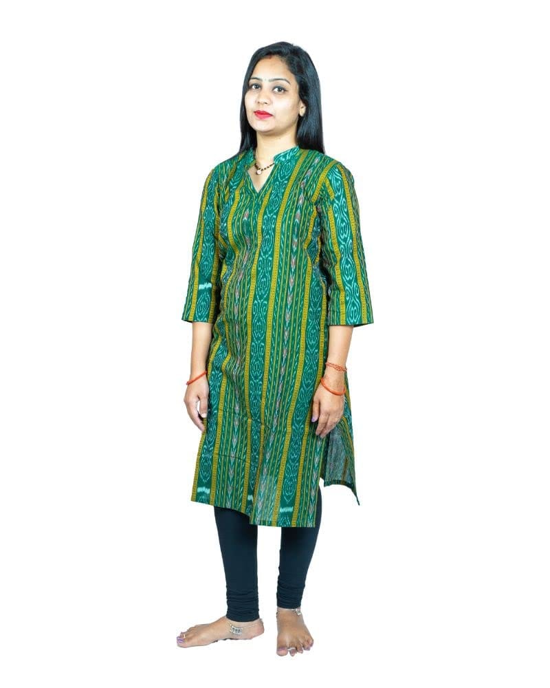 Women's Sambalpuri Certified Handloom Pure Cotton Straight Kurti (Green, S)-PID42742