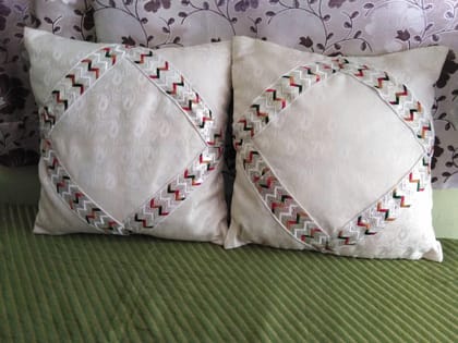 Latest Handmade Decorative White Banarsi Brocade, Multicolor Lace, Hand Made/Stitching Cushion Cover 16 x 16 inches 2 Pcs. Set