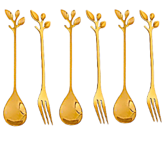 Trubliz Golden Spoon Set Pack of 6 | 3 Spoons+ 3 Forks 12 cm Stainless Steel Royal Tableware for Coffee, Sugar, Mixing, Tea - Elegant Cutlery Kitchen Tableware