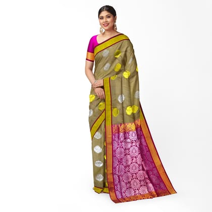 Olive Color Fancy Butta Mixed Soft Silk Saree with Unstitched Blouse