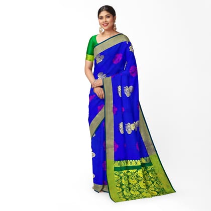 Bright Blue Color Big Floral Butta Mixed Soft Silk Saree with Unstitched Blouse