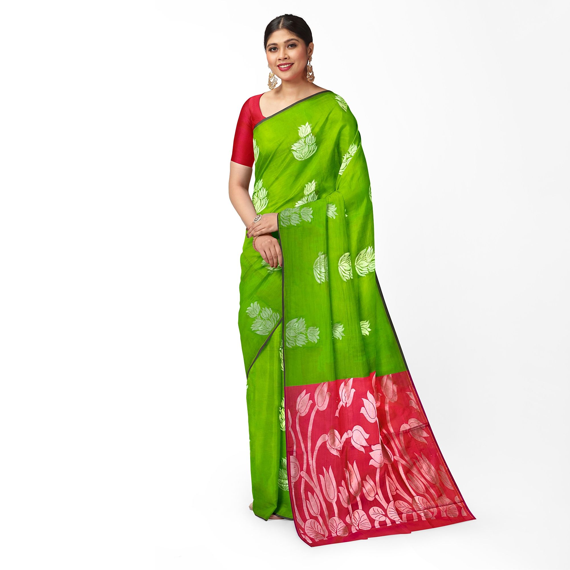 Light Green Color Floral Butta Mixed Soft Silk Saree with Unstitched Blouse