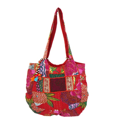 Rajasthani Embroidered Shoulder Bag, Pure Cotton Shoulder Bag With Handmade Beautiful Patchwork Color Red