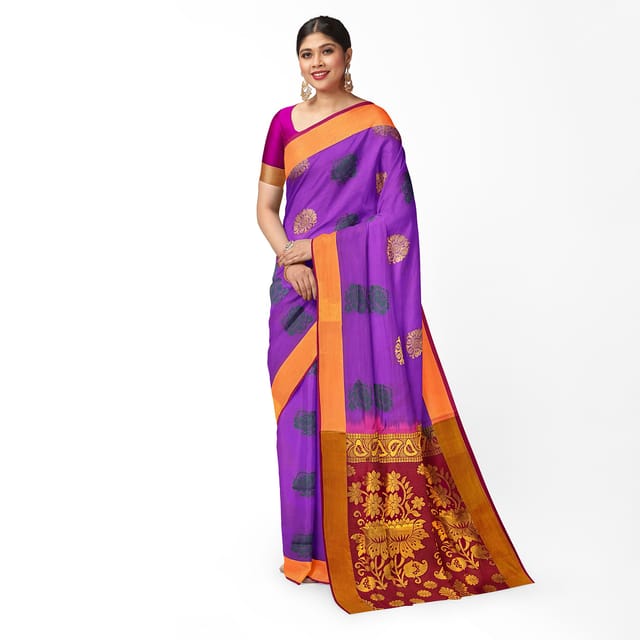 Buy SouthLife� Kerala Kasavu Tissue Saree Gold Kasavu Border + Hand  Embroidered Light Purple Blouse piece at Amazon.in