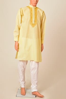 Men New Fashion Hand Chikankari Kurta Yellow