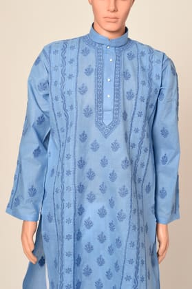 Men New Fashion Hand Chikankari Kurta Blue