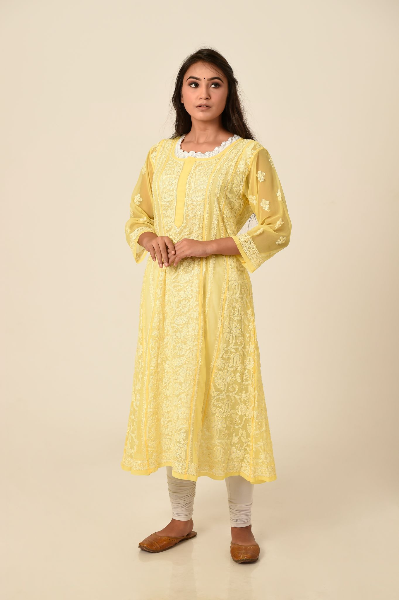 Ladies New Fashion Hand Chikankari Anarkali Yellow