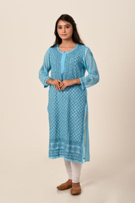 Ladies New Fashion Hand Chikankari Kurti Blue - Size XL