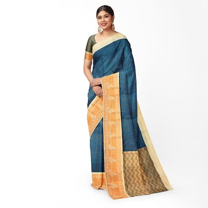 Blue Small Checks Mixed Soft Silk Saree with Unstitched Blouse