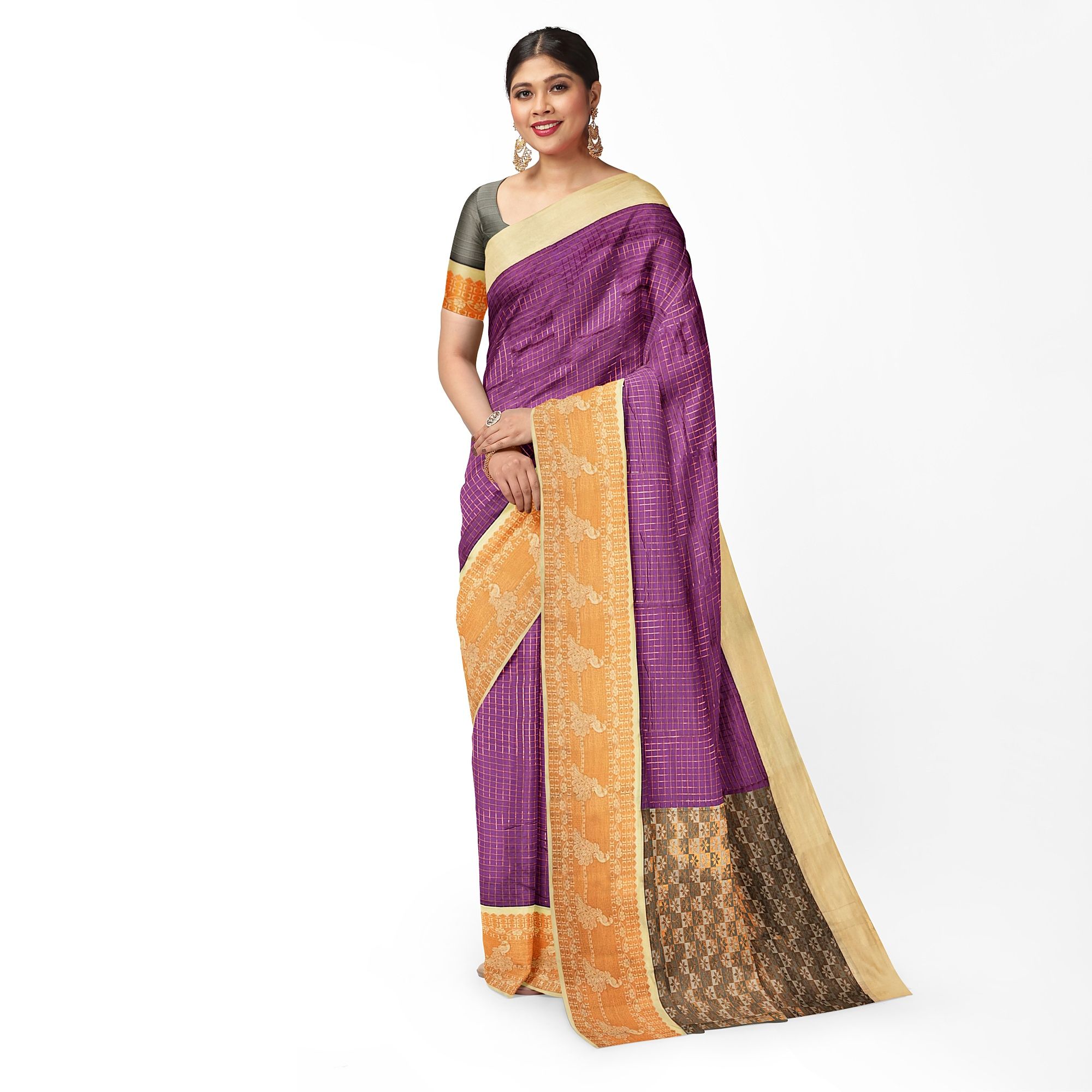 Purple Color Small Checks Mixed Soft Silk Saree with Unstitched Blouse