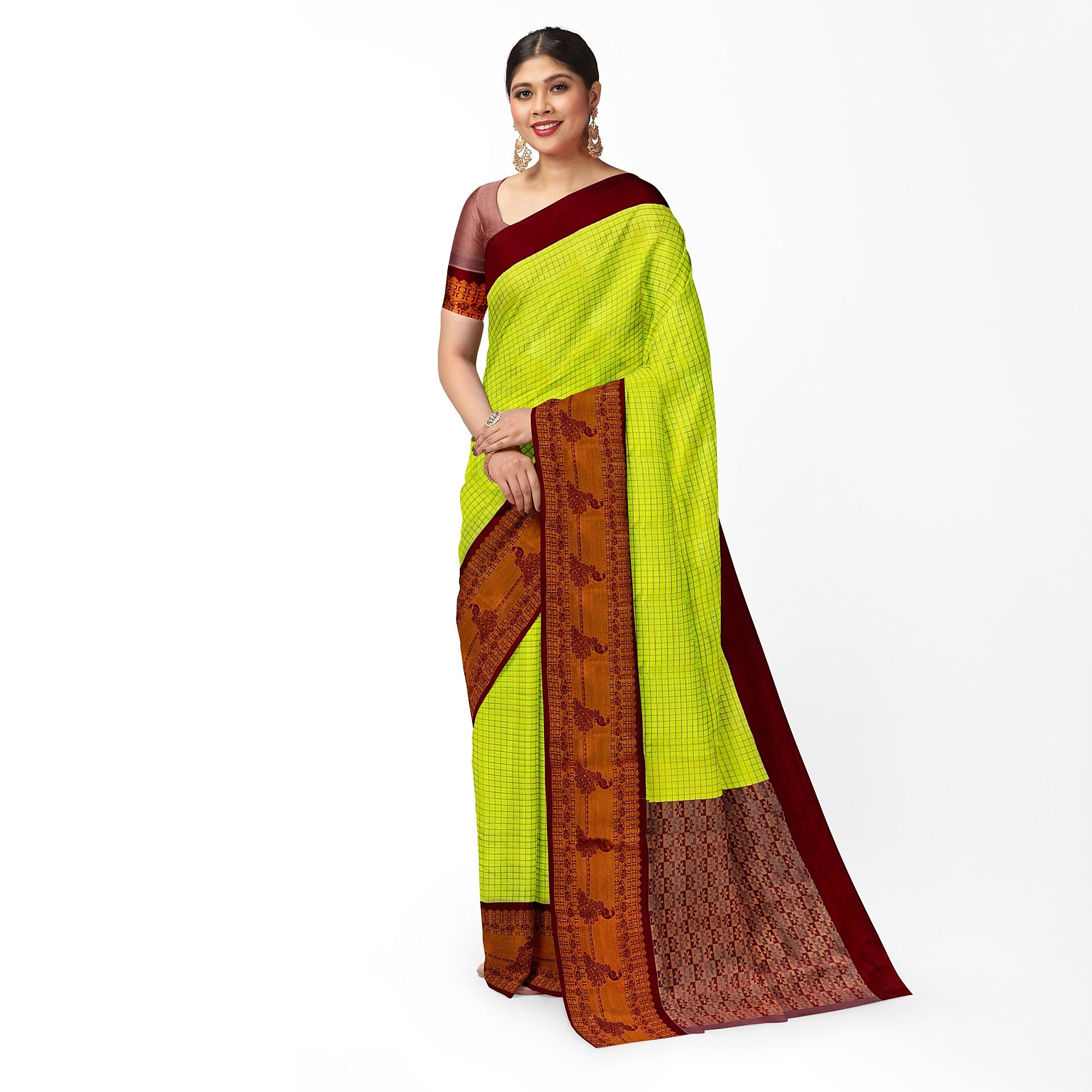 Lime Yellow Color Small Checks Mixed Soft Silk Saree with Unstitched Blouse